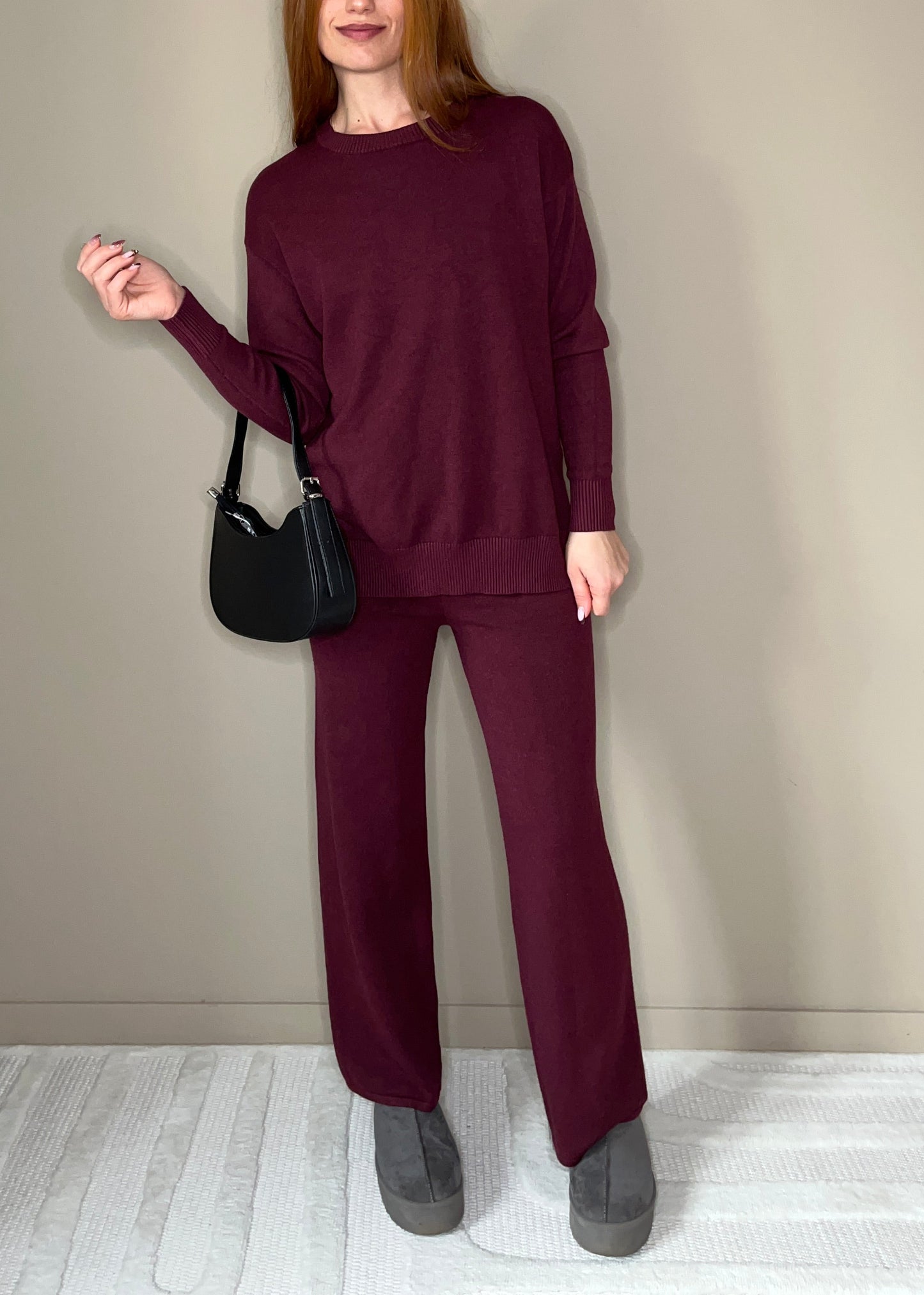 Ensemble maille bordeaux femme pull & pantalon – Confort chic